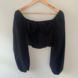 Black Cropped Corset Style Blouse Top with Puffy Long Sleeves Women's Medium